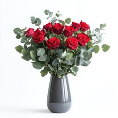 Red roses with eucalyptus in vase on a white background