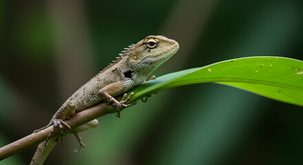 Fototapeta premium Lizard on Leaf Branch with Green Background in Natural Habitat