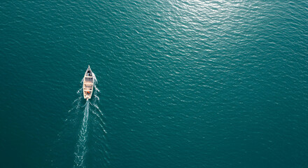 Fototapeta premium Aerial View of a Single Boat Sailing Over Calm Blue Waters