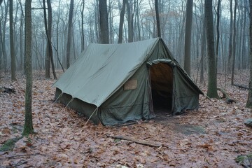 Army Tent Set Up In A Winter Forest