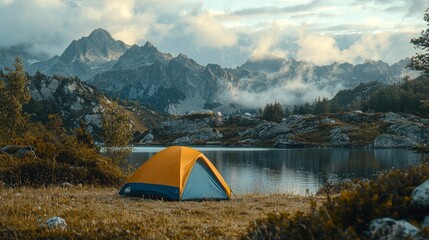 A small yellow and blue tent is set up in a grassy field next to a lake