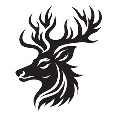 Black and white illustration, deer head silhouette, majestic antlers, minimalist design, elegant profile, stylized wildlife art, sharp contrast, vector graphic style, iconic logo design.
