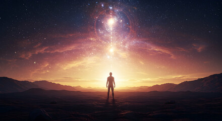 Fototapeta premium Cosmic Exploration and Wonder: A Figure Against the Celestial Sky