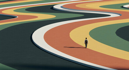 Abstract Pathway with Curved Lines and Solitary Figure Walking