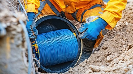 Worker Installing Fiber Optic Cable Underground.