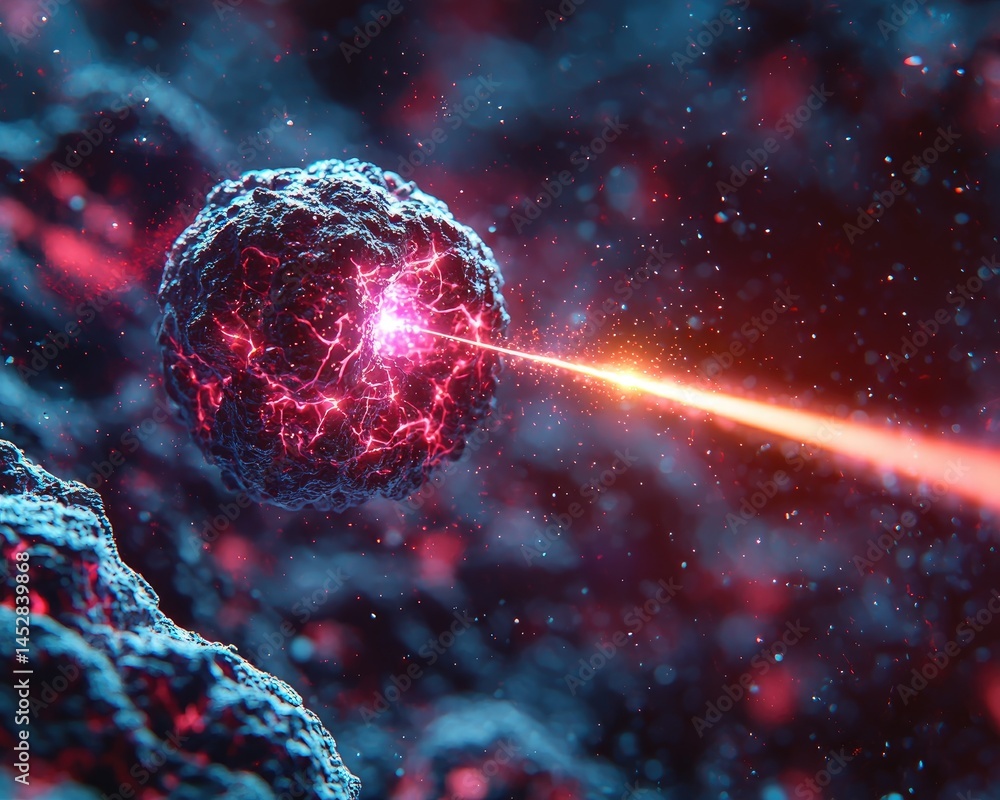 Poster abstract representation of a cell being targeted by a laser in a cosmic environment