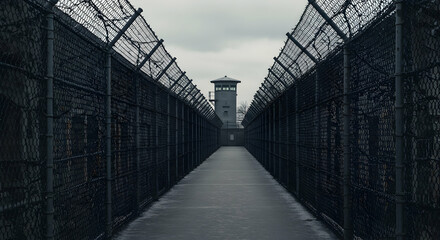 Dark and Gloomy Prison Environment with Chain Link Fencing