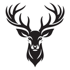 Naklejka premium Black and white illustration, deer head silhouette, majestic antlers, minimalist design, elegant profile, stylized wildlife art, sharp contrast, vector graphic style, iconic logo design.