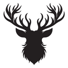 Black and white illustration, deer head silhouette, majestic antlers, minimalist design, elegant profile, stylized wildlife art, sharp contrast, vector graphic style, iconic logo design.