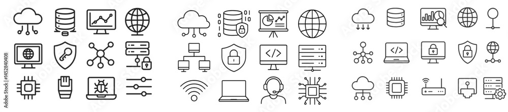 Leinwandbilder Illustration of various technology icons representing cloud computing, data analysis, and cybersecurity concepts in a minimalist style
