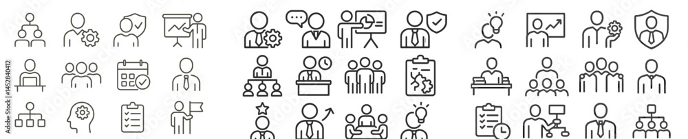 Poster Various icons representing teamwork, data analysis, and presentations in a professional setting