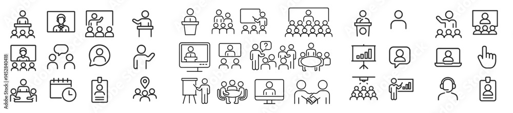 Poster collection of line icons depicting various professional activities and communication scenarios in a 
