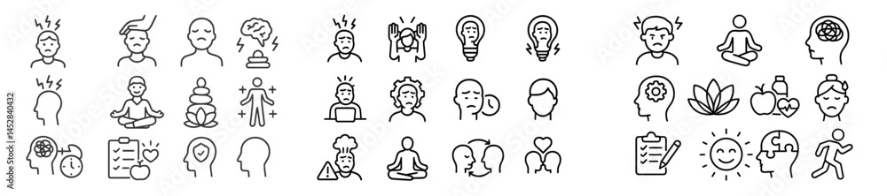 Poster health and wellness icons depicting mental and physical well-being practices in a minimalist style