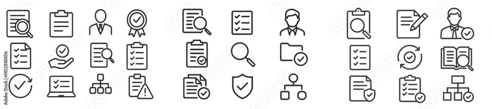 Poster icons representing various activities in professional environments focusing on organization, evaluat