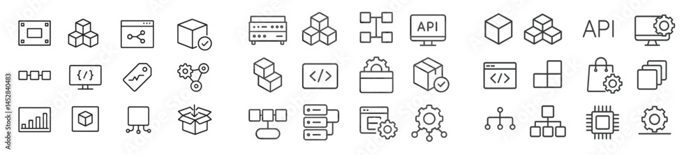 Poster Various line icons representing technology and software development components on a white background