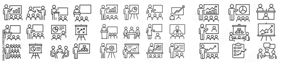 Poster various business icons illustrating team collaboration and presentation activities for project manag