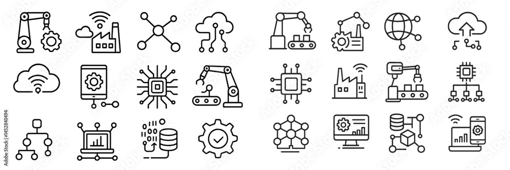 Aufkleber Icons representing industrial automation and technology in a modern factory setting with various components and processes illustrated