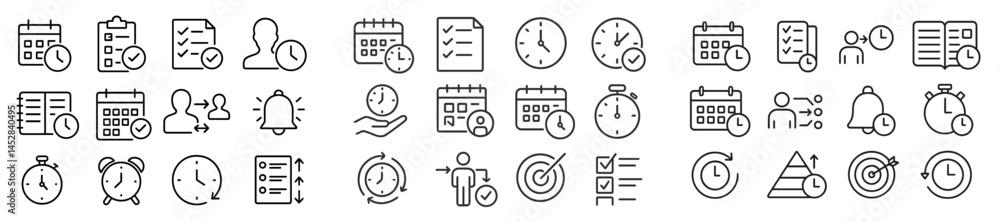 Poster collection of minimalist time management icons for planning and organization in a professional setti