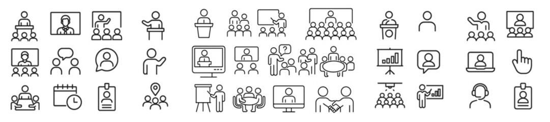 Collection of line icons depicting various professional activities and communication scenarios in a conference or meeting setting