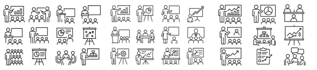Various business icons illustrating team collaboration and presentation activities for project management or analysis