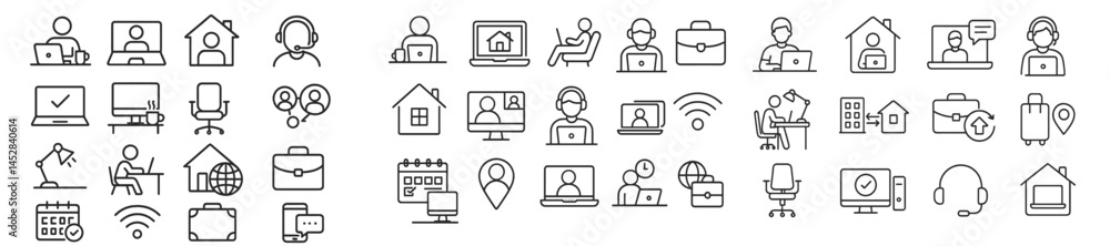 Poster collection of detailed vector icons representing various aspects of remote work and virtual collabor