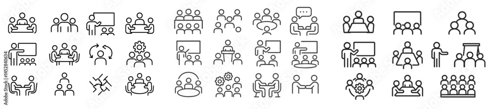 Poster icons illustrating various group activities and interactions in professional settings during a colla
