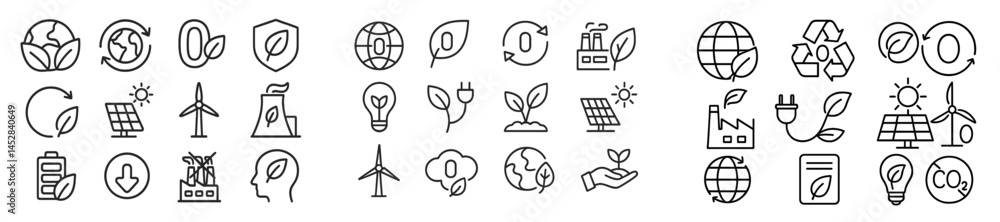 Poster collection of eco-friendly icons representing renewable energy and sustainable practices in a minima
