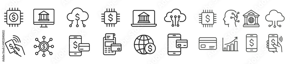 Poster digital finance icons representing modern banking, transactions, and data management in a connected 