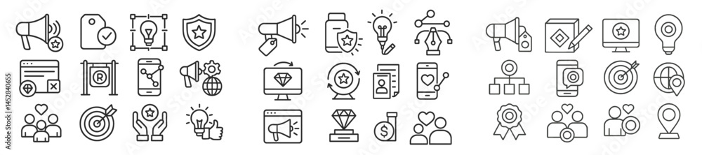 Poster collection of various icons representing marketing, security, and communication concepts in a minima