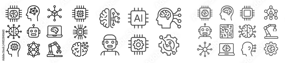 Poster Exploring the concepts of artificial intelligence and machine learning through various icons and illustrations in a modern digital style