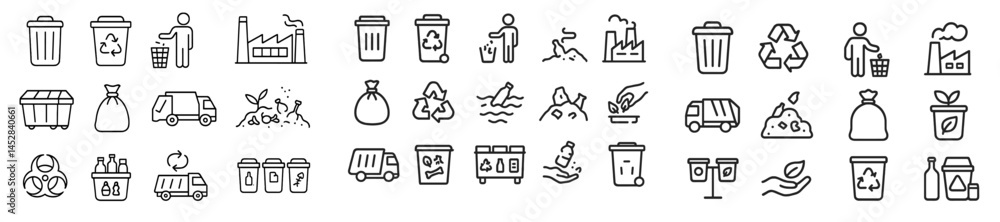 Poster collection of recycling and waste management icons showcasing various disposal methods and environme