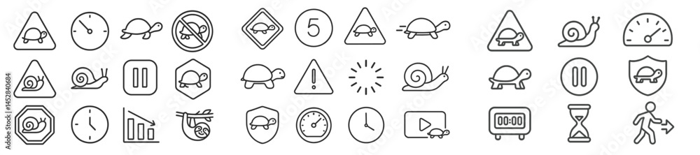 Poster collection of turtle and snail icons representing various activities and warnings for a playful educ