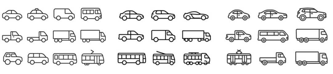 Fototapeta na wymiar Line art illustrations of various types of vehicles including cars, trucks, and buses in a minimalist style suitable for design projects