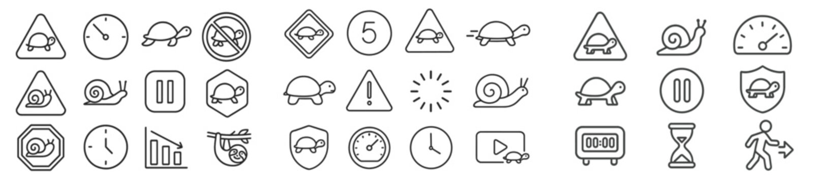 Collection of turtle and snail icons representing various activities and warnings for a playful educational theme