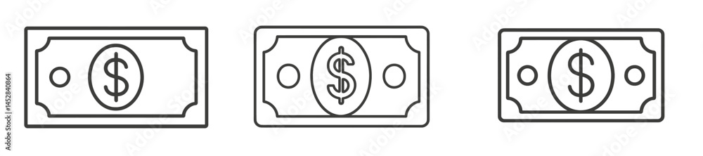 Poster Different designs of dollar bills displayed in simple outlines showcasing their unique features and symbols of currency