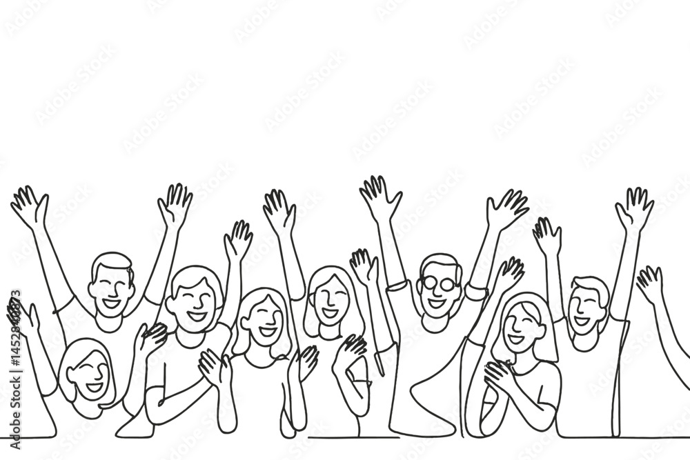 Poster celebration with enthusiastic crowd raising hands in joyful expression at a social event