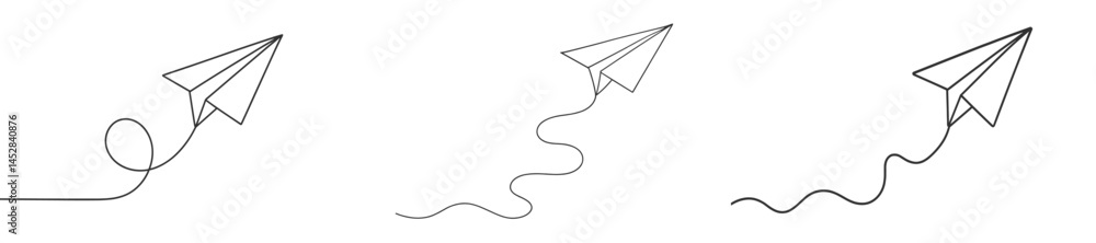 Poster Creative designs of paper airplanes showcasing various flight paths and trajectories in black line art
