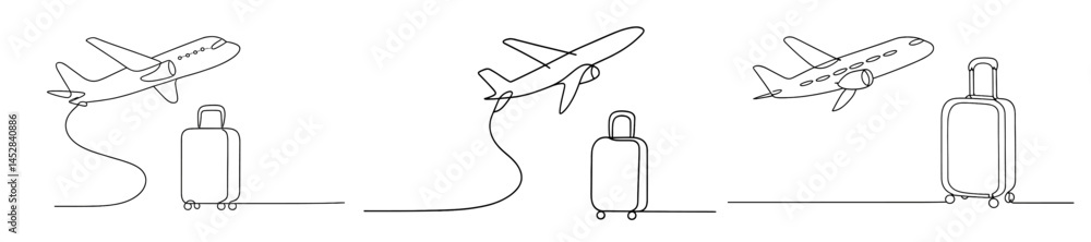 Poster travel journey and adventure depicted through minimalist line art showing an airplane and suitcase i