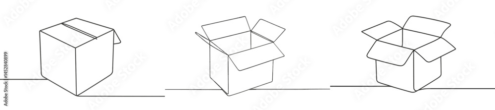 Leinwandbilder Simple line art showing stages of opening a box on a flat surface, highlighting the process and structure of a cardboard box