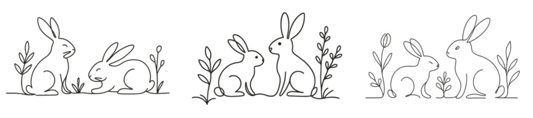 Line art illustrations of rabbits among plants capturing playful and calm moments in a serene setting