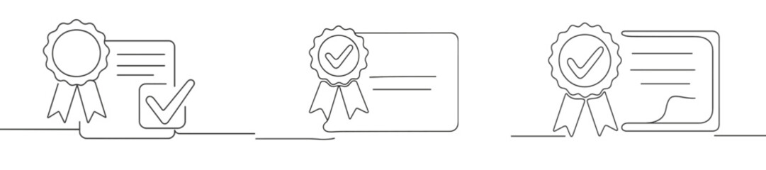 Certificates with checkmarks and ribbons representing achievement and validation of skills and qualifications in a minimalistic style