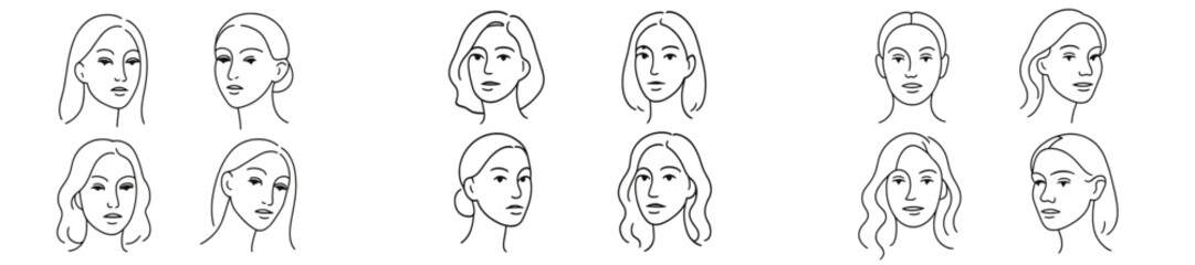 Variety of woman portraits in minimalist line art style showcasing different hairstyles and expressions in an artistic layout