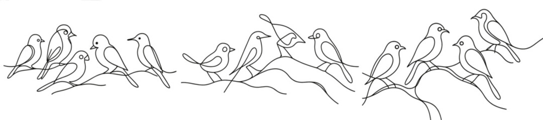 Various birds perched on branches in a minimalistic line art design showcasing nature's beauty