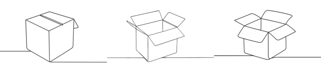 Simple line art showing stages of opening a box on a flat surface, highlighting the process and structure of a cardboard box