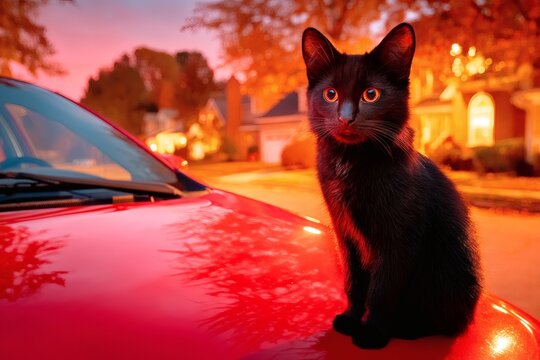 A cute black cat sitting on a red car, with a vibrant sunset in the background