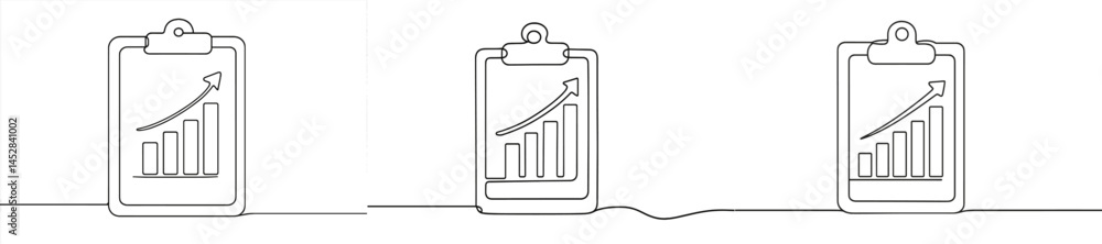 Poster line drawing illustrations of growth charts on clipboards representing business progress and analysi