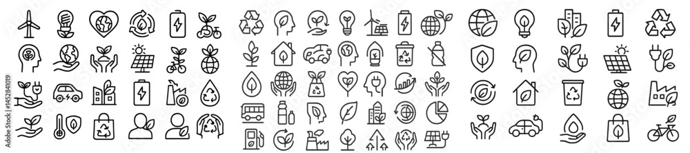 Poster Collection of minimalist eco-friendly icons showcasing various sustainable practices and environmental elements