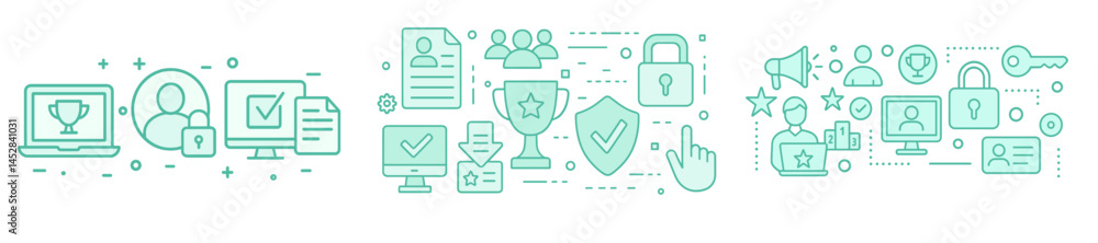 Poster Technology and cyber security illustrations depicting data protection and digital validation processes in a modern workspace