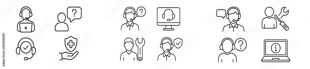 Poster various customer service icons depicting support, help, and assistance processes in a modern digital