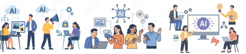 Poster Engaging team discussions and activities related to artificial intelligence in a modern office setting